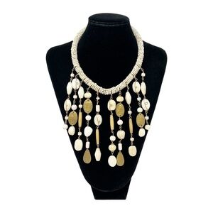 Vintage Bohemian Chic Seed, Glass Beads, Wood and Metal Bib Necklace